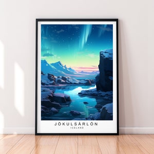 Stampa dell'illustrazione dell'aurora di Jokulsarlon, poster dell'Islanda di Jokulsarlon, regalo, stampa senza cornice
