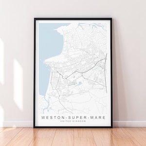 Carte de Weston-super-Mare, Angleterre, affiche imprimée, décoration d'intérieur minimaliste, Weston super Mare, carte de la ville du Royaume-Uni, affiche d'art mural