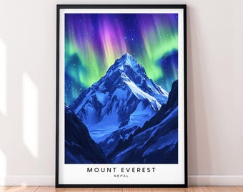 Mount Everest Nepal Night Aurora Art Print Illustration Everest Base Camp Poster Wall Art Gift Unframed Print
