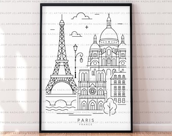 Paris Unframed Illustration Print Poster Art Line Drawing Eiffel Tower Wall Decor Paris France Travel Artwork