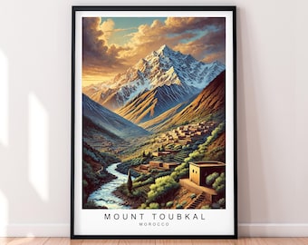 Illustration du mont Toubkal, affiche imprimée, décoration d'intérieur minimaliste, mont Toubkal, maroc, affiche murale, art déco
