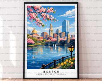 Boston USA Vårkonst Illustration Tryck Oinramad Boston USA Skyline Poster Väggkonst