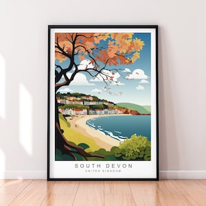 Impression d&#39;illustrations de la côte sud du Devon, affiche d&#39;art mural, cadeau du sud du Devon, impression sans cadre