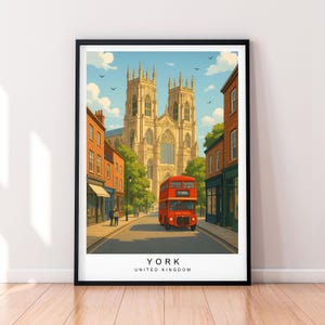Illustrazione artistica senza cornice di York, Regno Unito, con autobus rosso e scena di strada con cattedrale storica