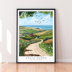 South Downs Landscape and Coast Illustration Print South Downs UK Coast Poster Gift Unframed Print