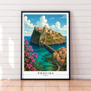 May include: A framed art print of Procida, Italy, featuring a coastal scene with a fortress on an island, connected by a bridge to a village. The artwork showcases a vibrant turquoise sea, pink flowers, and a blue sky with clouds.