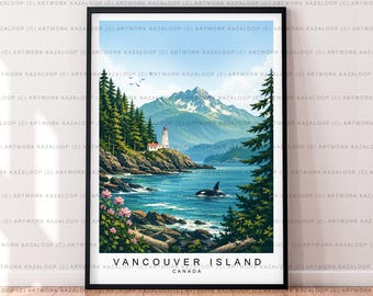Vancouver Island Night Travel Print Art Illustration Vancouver Island Canada Poster Wall Art Gift Unframed Print