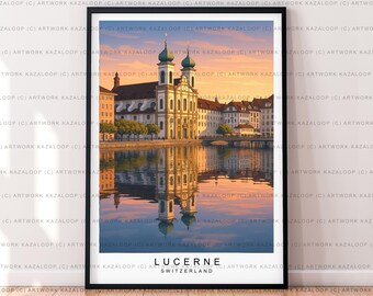 Lucerne Suisse Illustration sans cadre impression affiche d'art, impression voyage Lucerne, art mural Lucerne, oeuvre d'art affiche Architecture Lucerne