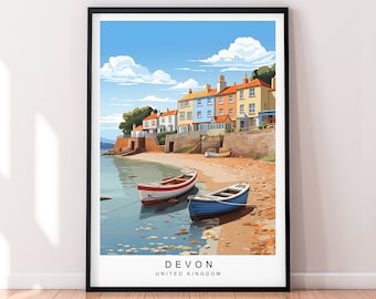 Devon Travel Print Devon Anglia Ilustracja Sztuka Plakat Prezent Wydruk bez ramki