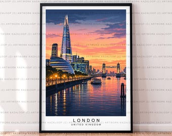 London United Kingdom Unframed Illustration Print Poster Art, London Skyline Wall Art, UK River Cityscape Travel Print