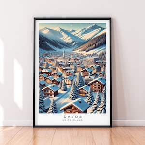 Davos Switzerland Travel Print Art Illustration Davos Graubünden Swiss Alps Poster Wall Art Gift Unframed Print