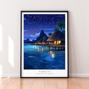 Tahiti Night Travel Print Art Illustration Tahiti French Polynesia Poster Wall Art Gift Unframed Print