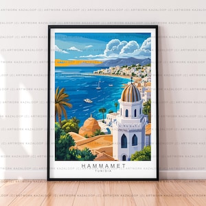 Hammamet, Tunisia, poster senza cornice, illustrazione, stampa artistica con cupola e mare, poster di Hammamet