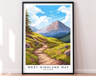 May include: A colorful illustration of a mountain path in the West Highland Way, Scotland. The path winds through green hills and leads to a mountain peak in the distance. The sky is blue with white clouds.