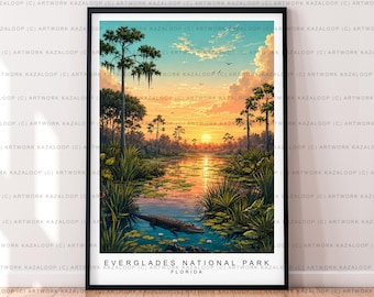 Sunset at Everglades National Park Florida Unframed Illustration Art Everglades Print Everglades Poster Everglades Wall Art Alligator Poster