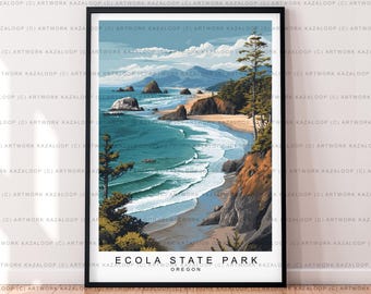 Könnte beinhalten: Ein gerahmter Kunstdruck des Ecola State Park in Oregon. Das Kunstwerk zeigt eine Küstenlandschaft mit Meereswellen, Felsklippen und einem Sandstrand unter blauem Himmel. Der Druck hat einen schwarzen Rahmen und den Text "ECOLA STATE PARK OREGON".