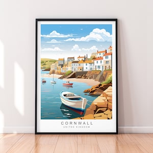 May include: A colourful illustration of a coastal town in Cornwall, United Kingdom. The image features a small harbour with boats, a sandy beach, and colourful houses on a hillside. The text "CORNWALL UNITED KINGDOM" is at the bottom of the image.