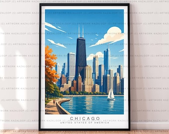 Chicago USA Unframed Illustration Print Poster Art Chicago Skyline Wall Art Chicago Architecture Travel Artwork