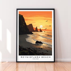 Stampa dell'illustrazione del tramonto di Reynisfjara Reynisfjara Islanda Poster Wall Art Gift Stampa senza cornice