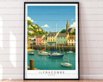 Unframed Ilfracombe Devon Travel Print Illustration Wall Art Decor Ilfracombe England Costal Town
