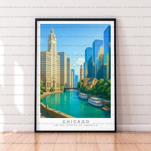 Illustrazione artistica di Chicago, poster senza cornice con skyline del fiume e barche, stampa di Chicago