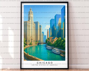 Illustration Art Of Chicago Unframed Poster Featuring River Skyline And Boats Chicago Print