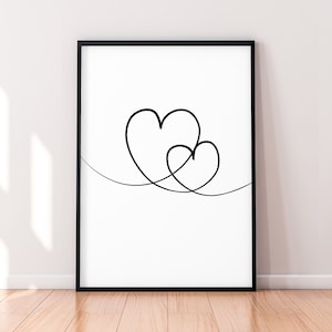 Cuddling Couple Double Heart Love Line Art Poster Wall Art Minimalist Print