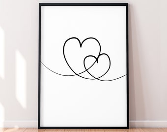 Knuffelend paar dubbel hart liefde lijnkunst poster muurkunst minimalistische print