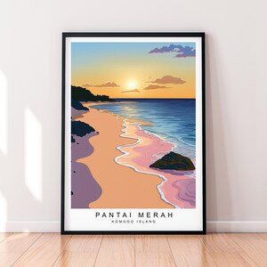 Pantai Merah Pink Beach Sunset Stampa artistica Illustrazione Pantai Merah Komodo Island Poster Wall Art Gift Stampa senza cornice