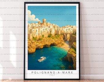 Op de afbeelding: Een ingelijste kunstdruk van Polignano a Mare, Italië, met witte gebouwen op een klif met uitzicht op een turquoise zee. Een kleine boot drijft op het water. De tekst "POLIGNANO-A-MARE ITALY" staat onderaan.