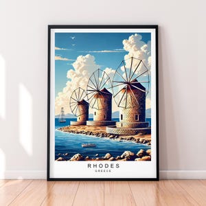 Rhodes Windmills Illustration Art Print Rhodes Greece Travel Poster Wall Art Gift Unframed Print