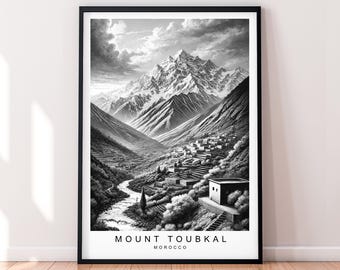 Illustration noir et blanc du mont Toubkal, affiche imprimée, décoration d'intérieur minimaliste, mont Toubkal, maroc, affiche murale, art déco