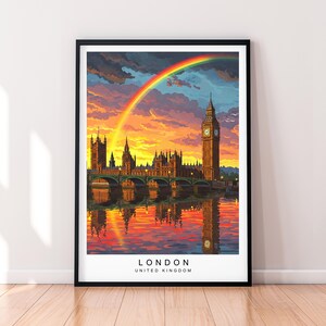Illustrazione di Londra tramonto arcobaleno stampa di viaggio arte Londra poster arte murale regalo stampa senza cornice