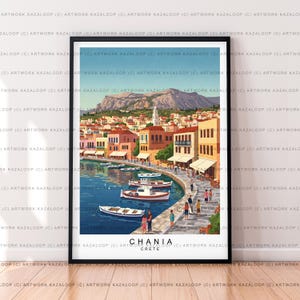 Illustrazione artistica del porto colorato di Chania, Creta, Grecia, poster senza cornice