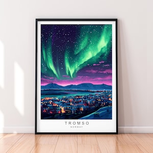 Stampa artistica dell'aurora notturna di Tromso, illustrazione artistica dell'aurora di Tromso, Norvegia, poster da parete, regalo, stampa senza cornice