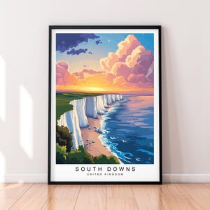 South Downs Sunset Art Illustration Print South Downs UK Coast Poster Gift Unframed Print