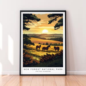 New Forest National Park Sunset Horses Art Illustration Print New Forest National Park Poster Wall Art Gift Stampa senza cornice