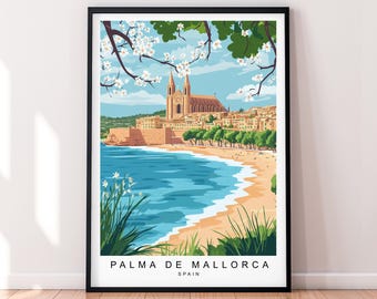 May include: A colourful illustration of a church on a beach in Palma de Mallorca, Spain. The church is a light brown colour with a white steeple. The beach is a light brown colour with blue water. There are trees and flowers in the foreground.
