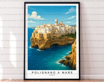 Op de afbeelding: Een ingelijste kunstdruk van Polignano a Mare, Italië. De afbeelding toont een kustplaats met witte gebouwen op een klif met uitzicht op de turquoise zee. De lucht is blauw met wollige wolken. De tekst "POLIGNANO A MARE ITALY" staat onderaan.