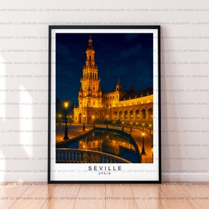 Night Seville Spain Unframed Illustration Print Poster Art, Seville Wall Art, Seville Travel Print, Seville Architecture Artwork