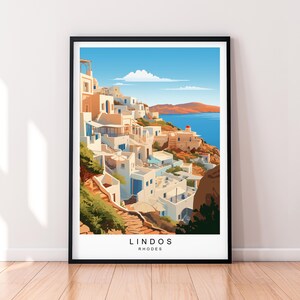 Lindos Rhodes Art Illustration Print Lindos Rhodes Greece Poster Wall Art Gift Unframed Print