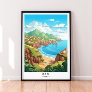 Mani Grécia Viagem Impressão Mani Península Ilustração Art Poster Presente Impressão sem moldura
