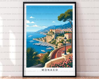 May include: A framed art print of a coastal landscape in Monaco featuring a blue harbor filled with yachts, a cliffside city with light-colored buildings, a winding road with a black lamp post, green palm trees, and pink flowers, with the text MONACO.