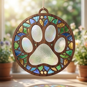 May include: A circular wooden hanging ornament featuring a central paw print cutout filled with iridescent glass. The surrounding frame is decorated with small, geometric stained glass inserts in shades of blue, green, and yellow, suspended by a twine loop.