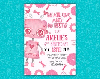 Robot Birthday Invitation Template | Gear Up and Go Nuts Party Invite | Kids Editable Canva | Printable Digital Download | Robot Birthday