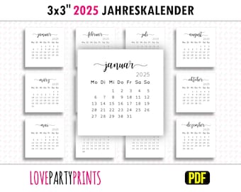 3x3 2025 Kalender Jährlich German PDF druckbare A4 & Letter Format Montag und Sonntag Woche Start Home Minimalistischer Digital Download