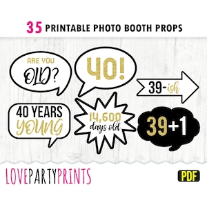 40th Birthday Printable Photo Booth Props + Sign - 40 Years - Party Props - Faux Gold Glitter - High Quality PDF Printable - 40PPA
