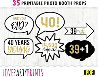 40th Birthday Printable Photo Booth Props + Sign - 40 Years - Party Props - Faux Gold Glitter - High Quality PDF Printable - 40PPA