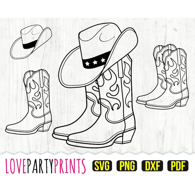 Peut inclure: Un dessin au trait noir et blanc d'un chapeau de cowboy et de bottes. Le chapeau a un bandeau avec cinq &eacute;toiles. Les bottes ont une pointe pointue et un motif d&eacute;coratif sur la tige.