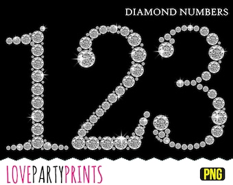 May include: Diamond numbers 1, 2, and 3 on a black background. The numbers are made of silver glitter and sparkle. The text "DIAMOND NUMBERS" is at the top of the image. The text "LOVEPARTYPRINTS" is at the bottom left of the image. The text "PNG" is at the bottom right of the image.